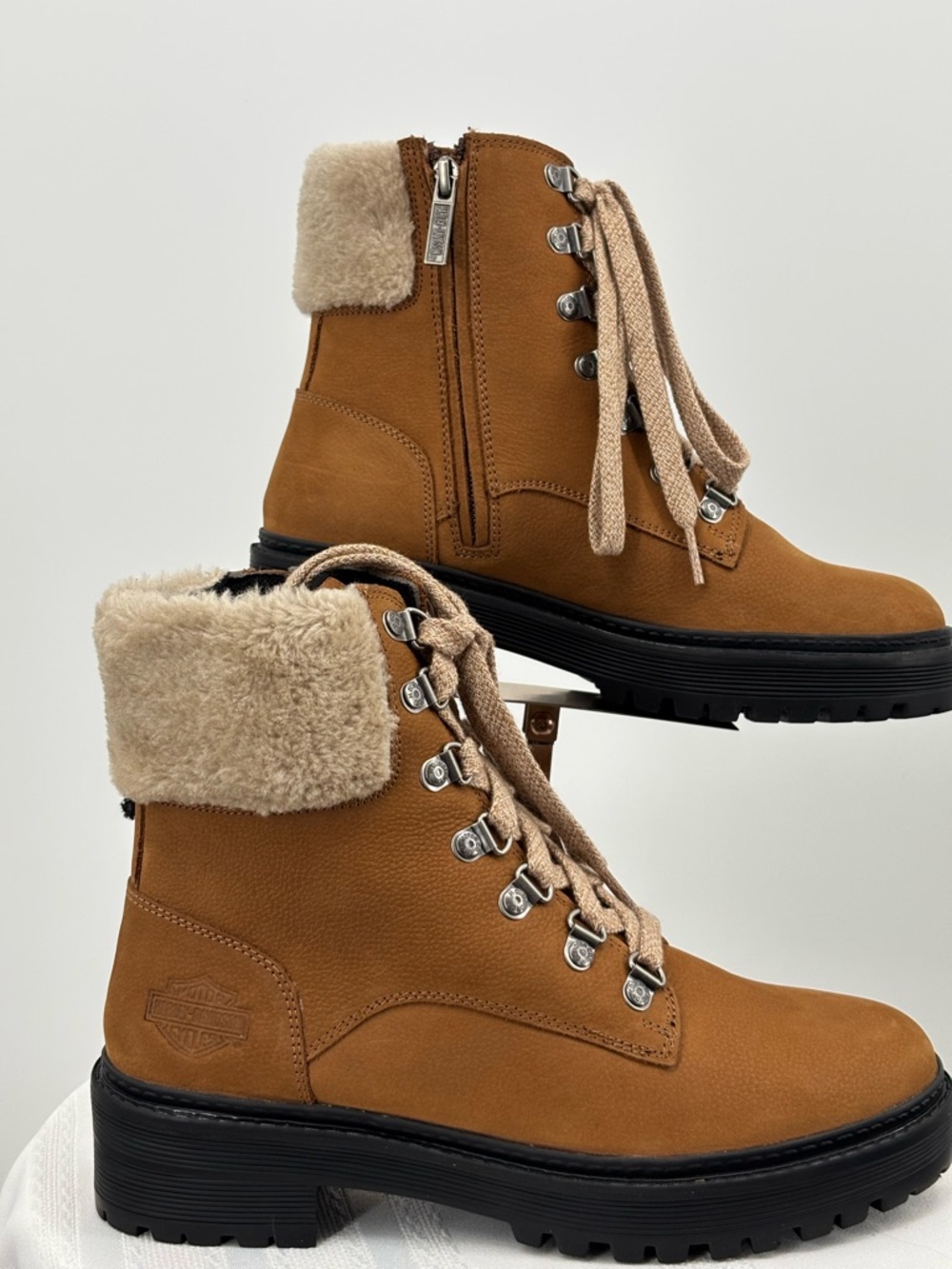 Harley Davidson Tan Leather Winter Boots,  Size 7 Faux Fur Lined Moto Zip Lace